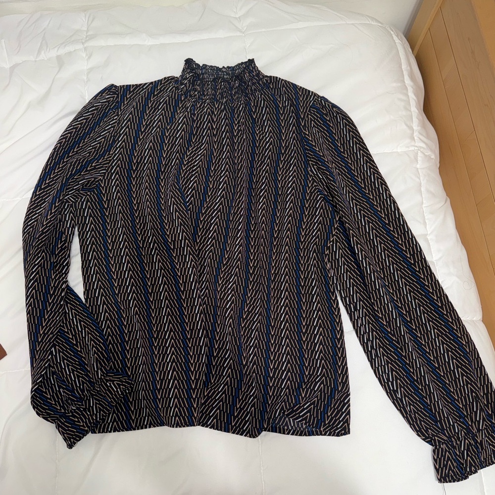 Smocked Neck Black Chevron-Stripe Long-Sleeve Blouse